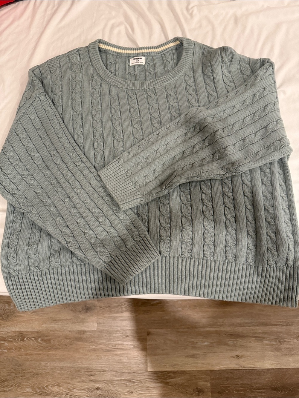 Oversized Cable Knit Crewneck Sweater - Sage Green